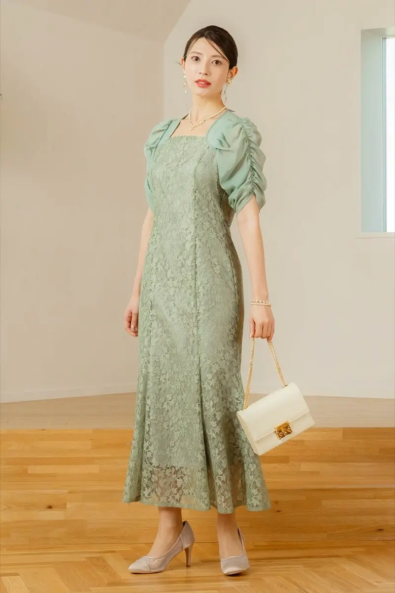 グリーンのギャザースリーブマーメイドドレス | Dorry doll | M | 結婚