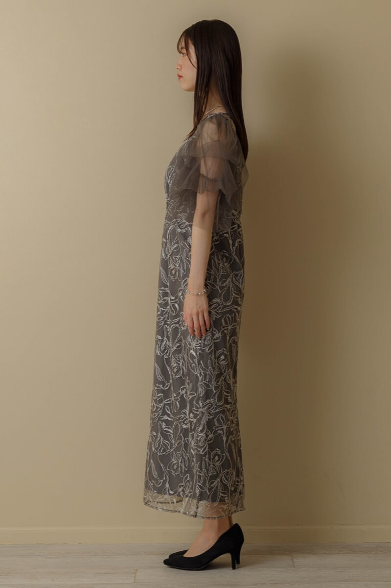 チャコールのフラッフィースリーブペンシルドレス | LE' RURE | S