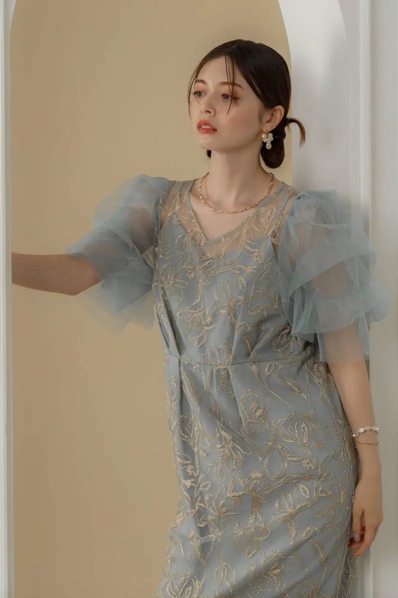 ブルーのフラッフィースリーブペンシルドレス | LE' RURE | M | 結婚式