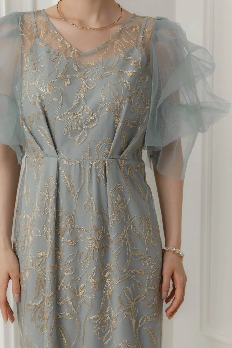 ブルーのフラッフィースリーブペンシルドレス | LE' RURE | M | 結婚式