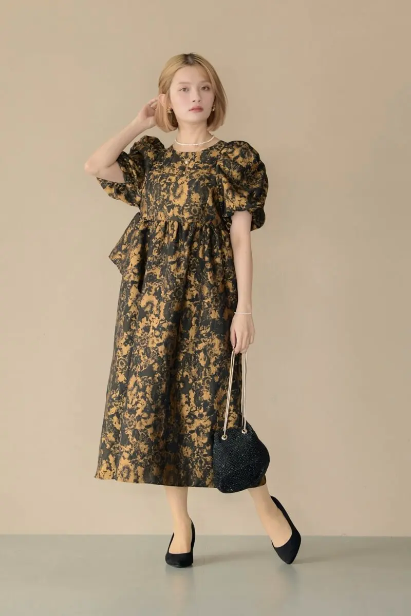 ブロンズのバブルスリーブジャガードドレス | ANDRESD | M～マタニティ