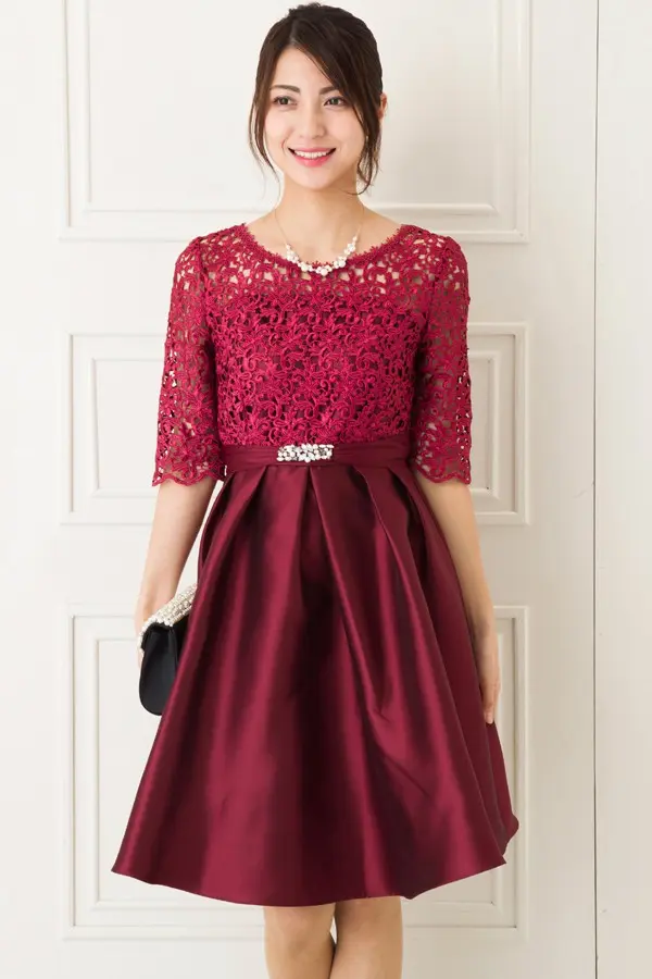 レース切替タックフレア半袖ワインレッドミニドレス | Dorrydoll | M