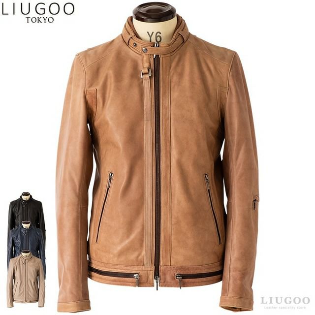 LIUGOO PLUS 本革 シングルライダースジャケット メンズ リューグー