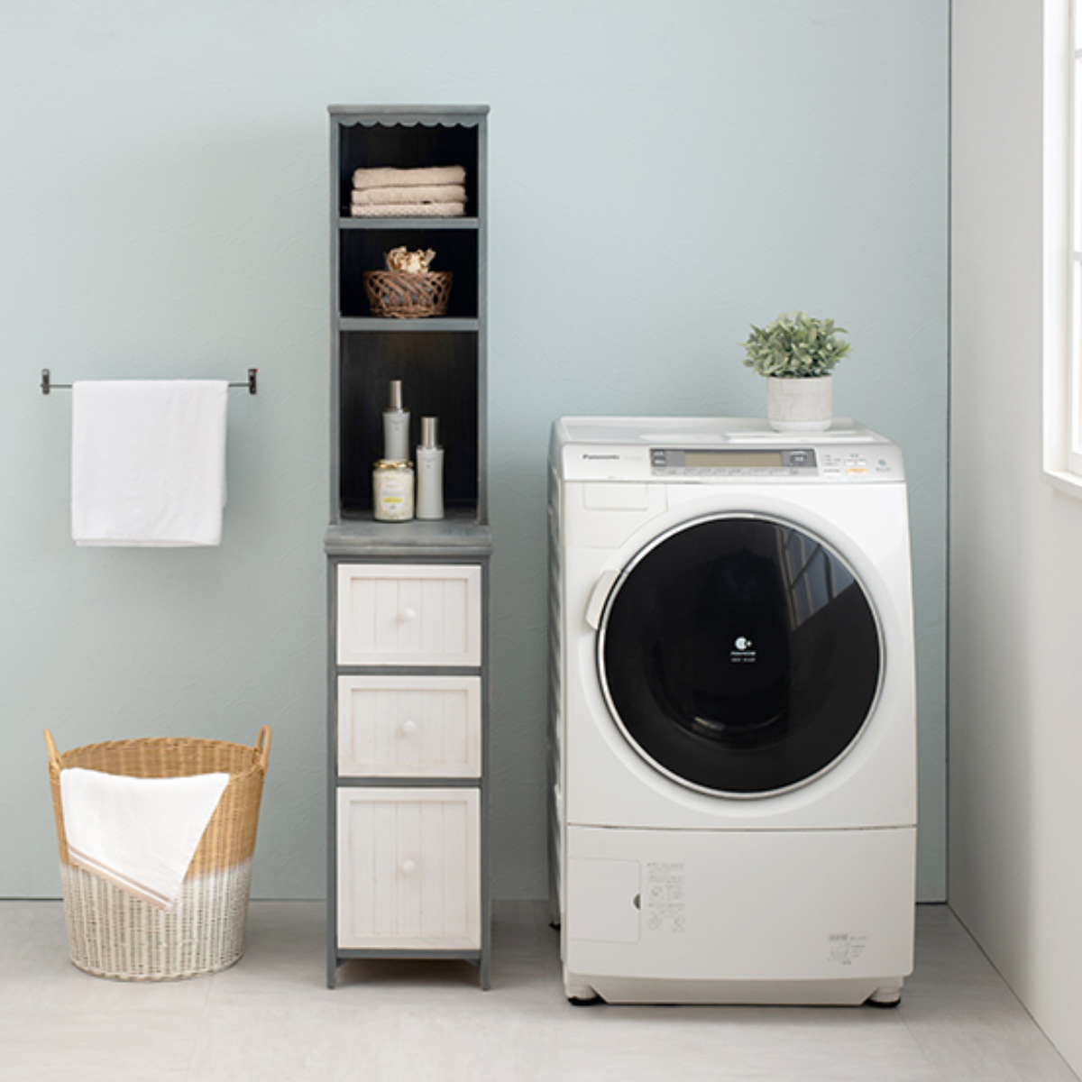 棚付チェスト すき間収納 シャビーウッド アンティーク調 幅30cm （ 棚