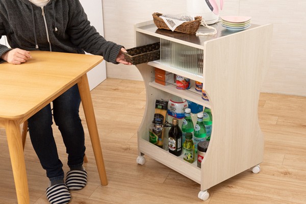 キッチンワゴン 幅50cm ステンレストップ キャスター付 ガラス引き戸