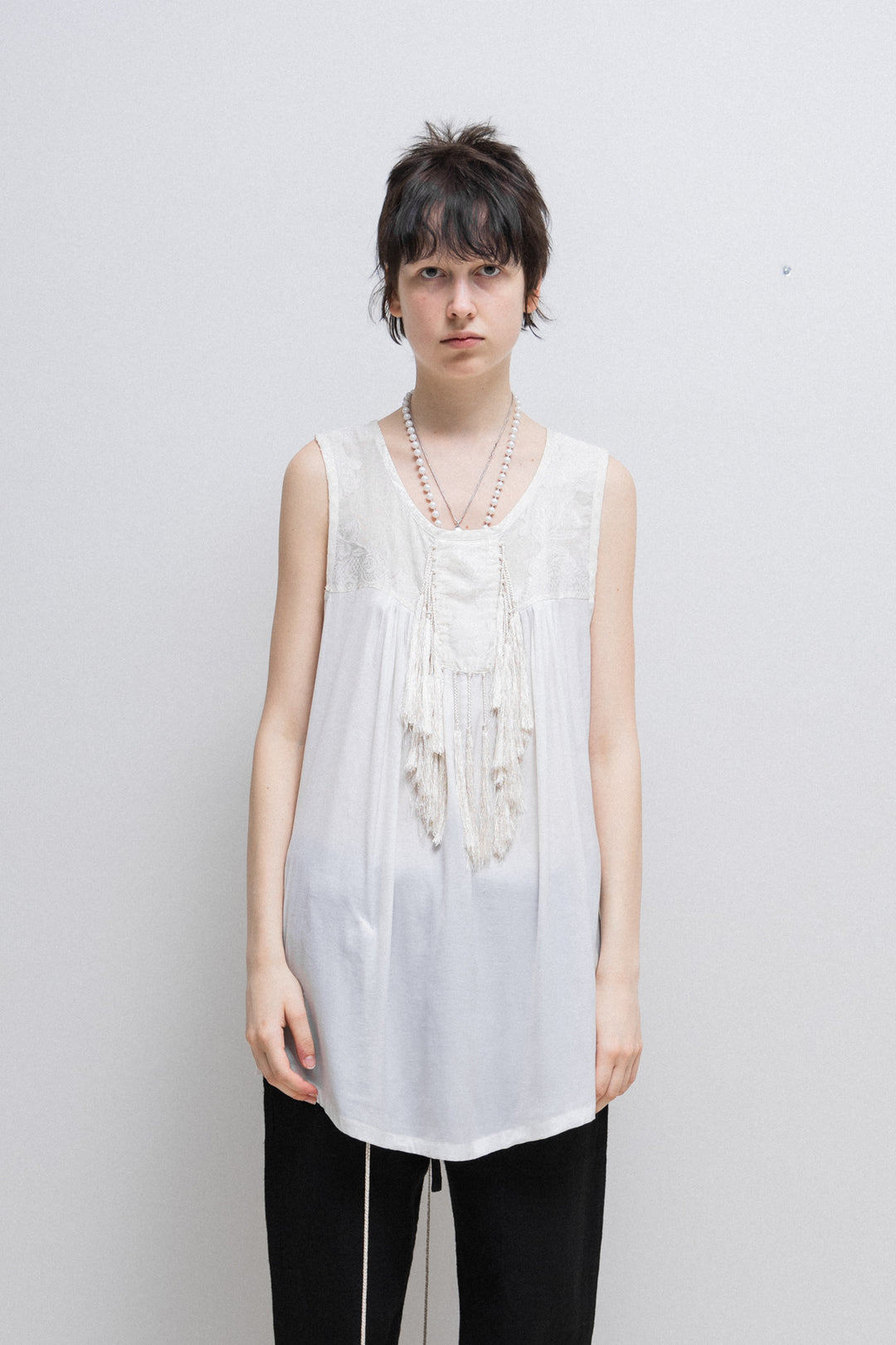 ANN DEMEULEMEESTER - SS12 Cotton blend patterned top with tassel