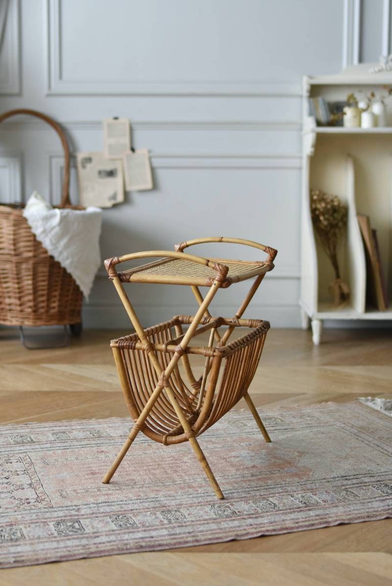 フランスヴィンテージ家具 マガジンラック.ラタン ナチュラルインテリア