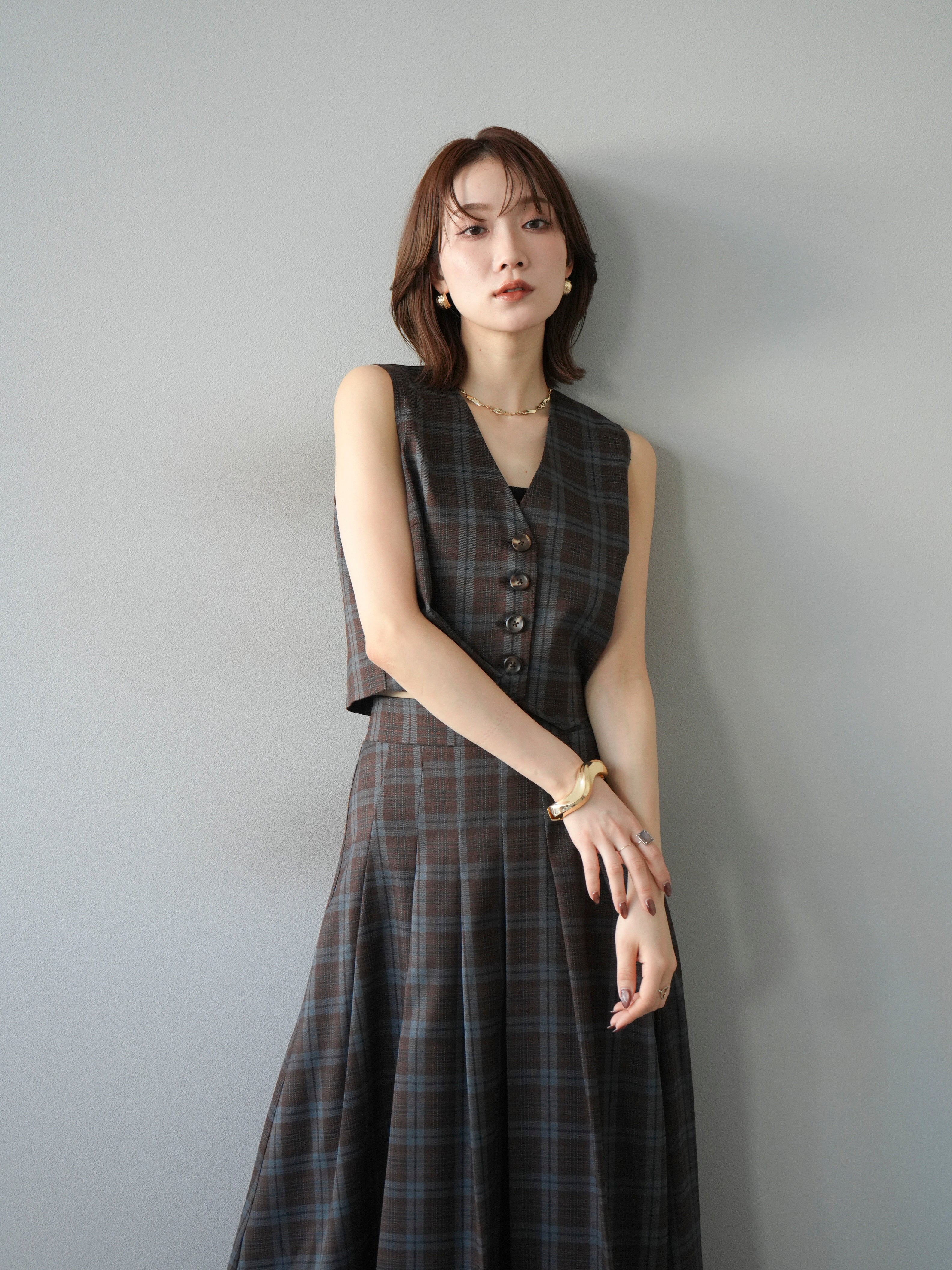 SET]チェック柄ベスト+チェック柄タックフレアスカート(2set) – Lumier