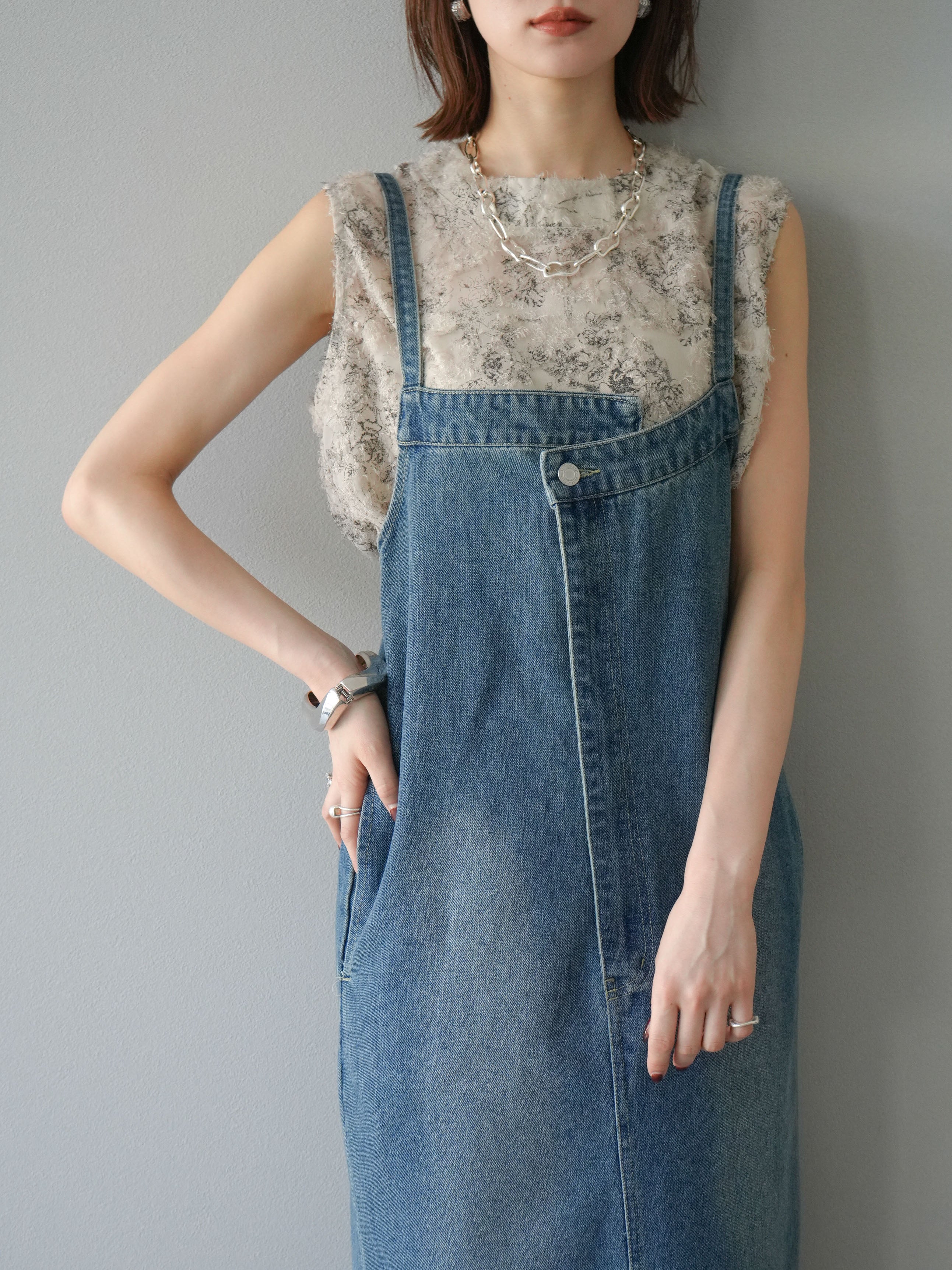 SET]アシンメトリーデニムワンピース+ニュアンスフリンジジャガード