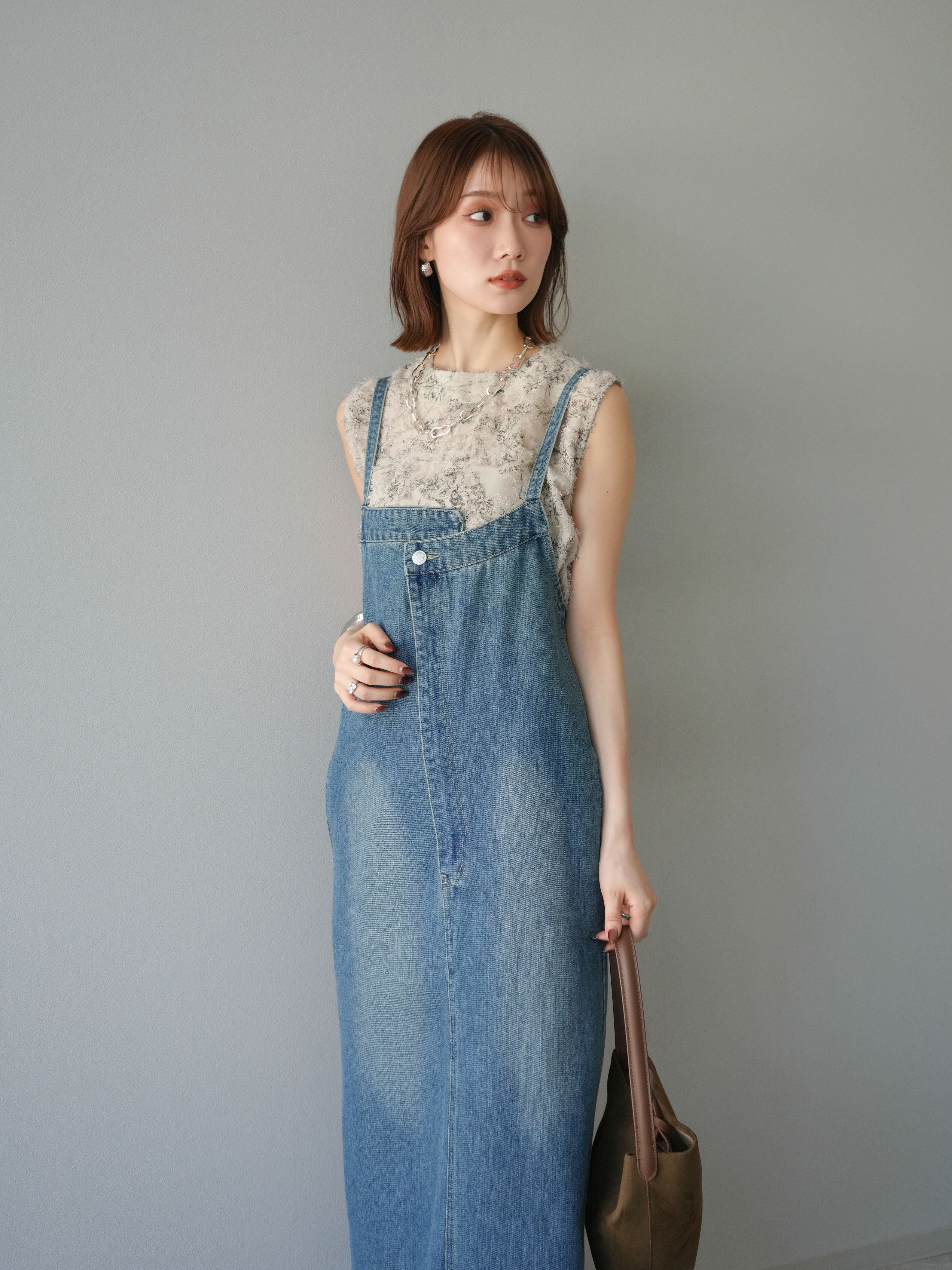 SET]アシンメトリーデニムワンピース+ニュアンスフリンジジャガード