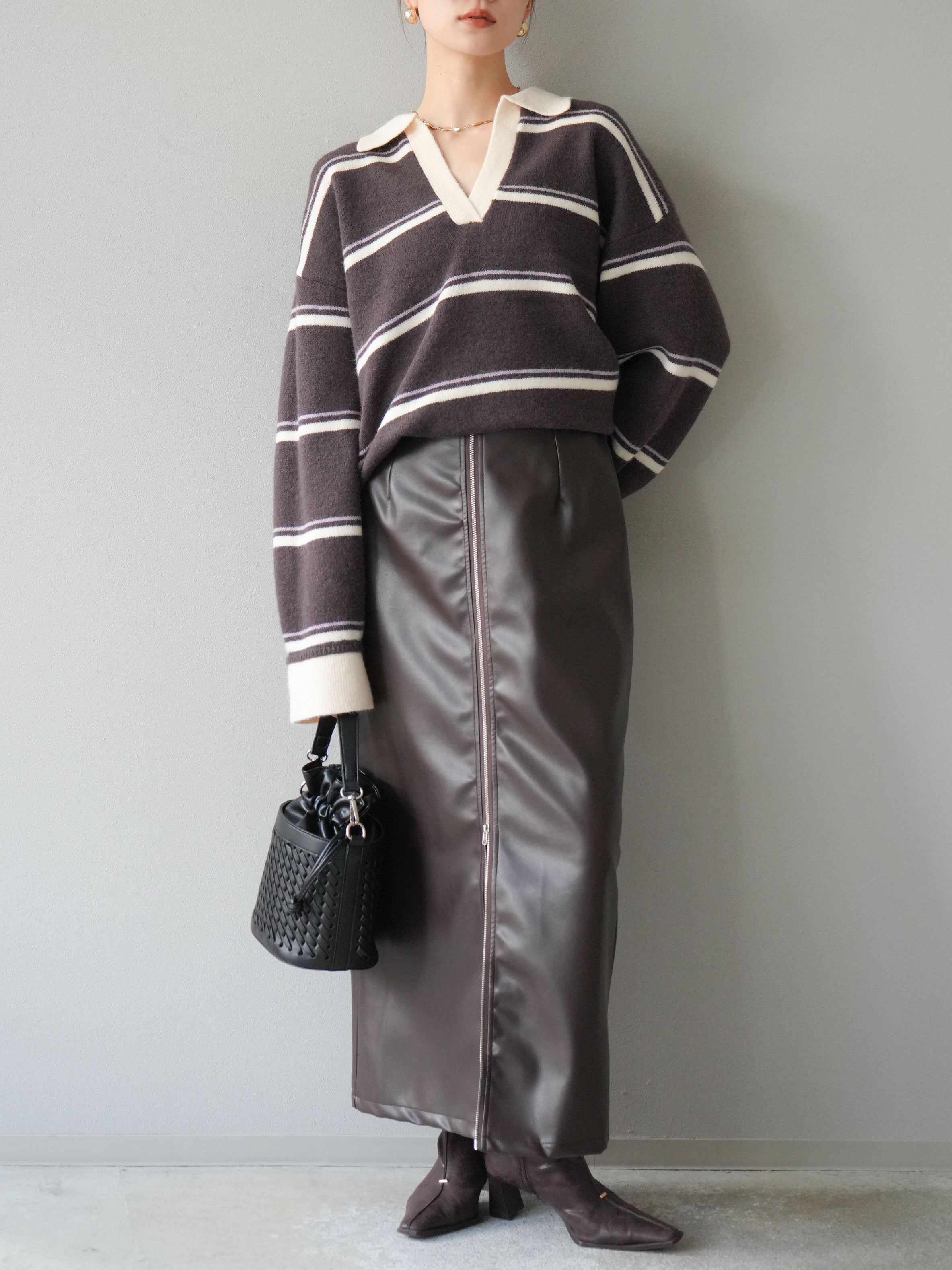 予約]フェイクレザーZIPタイトスカート/ブラウン – Lumier