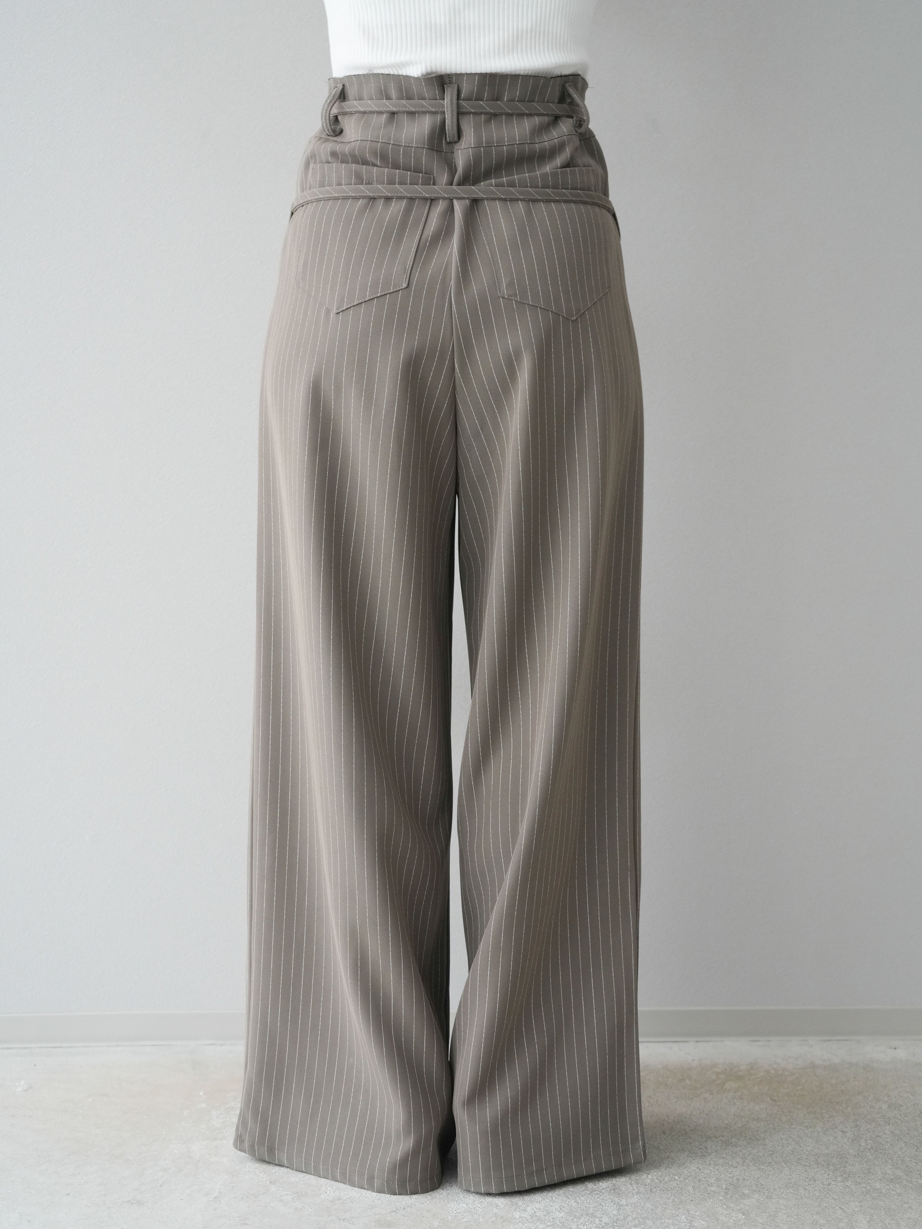 予約]ダブルベルトストライプワイドパンツ/ベージュ – Lumier
