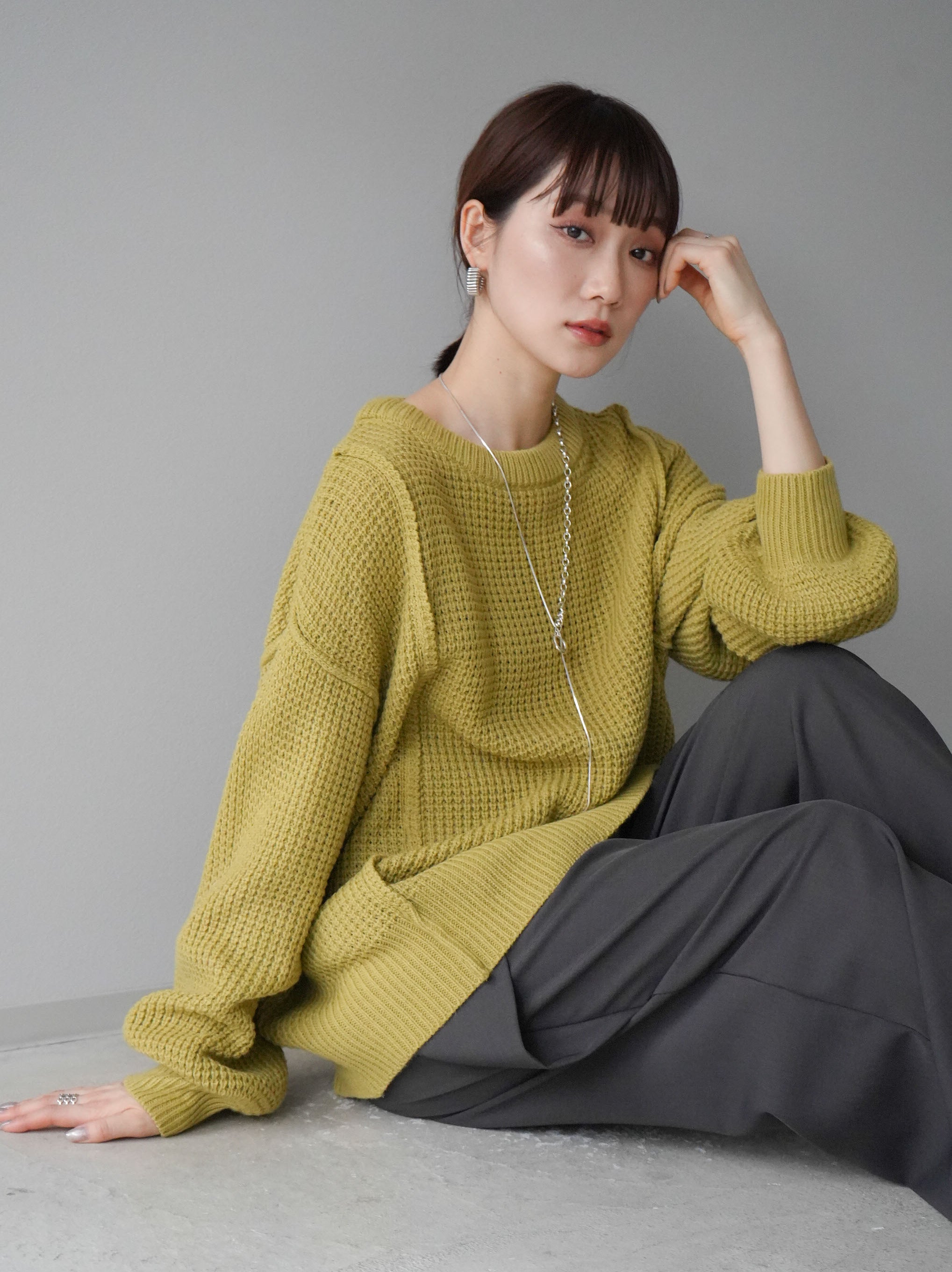 予約]ワッフル編みクルーネックニットプルオーバー/ライム – Lumier