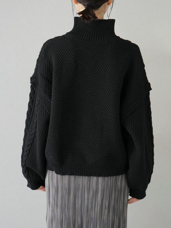 予約]ポリエステルケーブルハイネックニットプルオーバー/ブラック