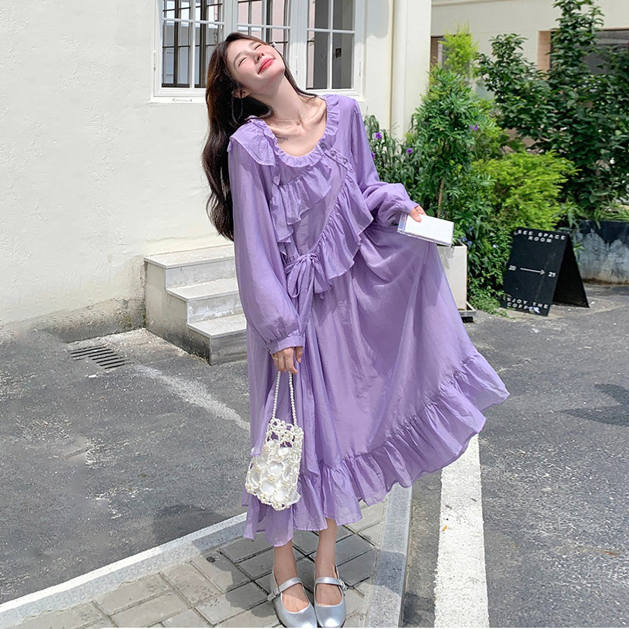 ワンピース】パープル 超可愛い フリル 長袖ワンピース レディース 秋