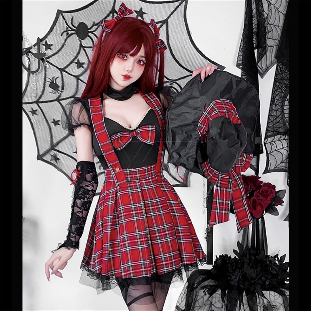 ハロウィン】コスプレ ゴシックパンク 赤黒チェック Y2K ロック風