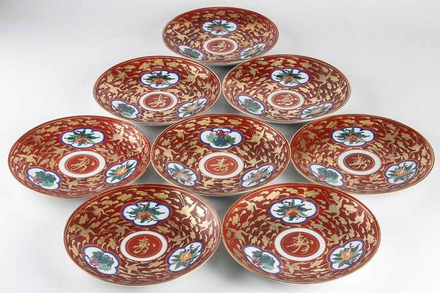 九谷焼 鷺 水仙 色絵 手塩皿 8枚 [B31369] 九谷焼 鷺 水仙 色絵 手塩皿