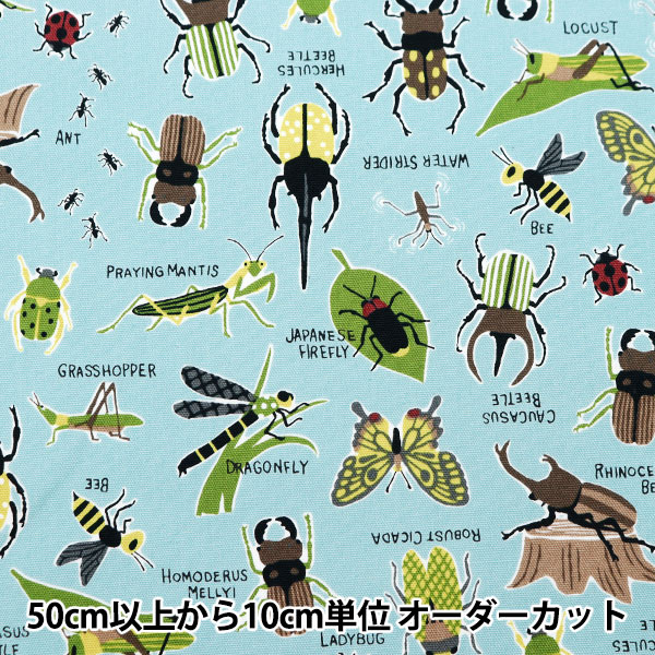 数量5から】 生地 『オックス カラフルキャンバス 昆虫図鑑柄 ブルー