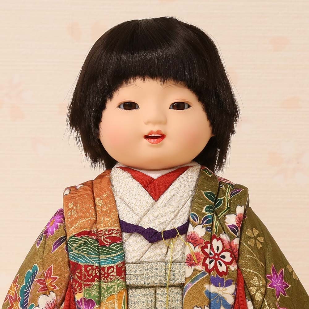市松人形 齊藤公司作 ミニ松 正絹 口開き レザー 横幅16.5cm