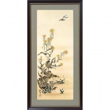 酒井抱一 「十二か月花鳥図」 九月 菊に子禽図 額装 : 酒井抱一 十二