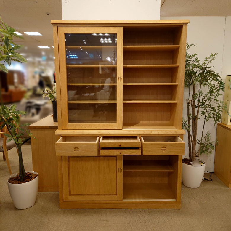 カップボード「杜」引戸タイプ オーク材ホワイトオーク色 幅126.4cm