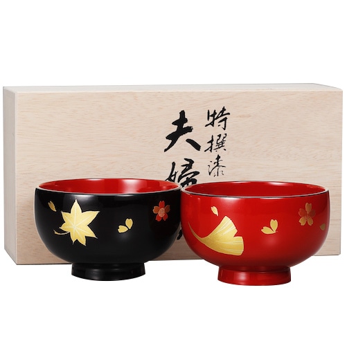 会津漆器 黒・銀朱 3.6 夫婦椀 手描き石楠花 | 食器 | 伝統工芸品