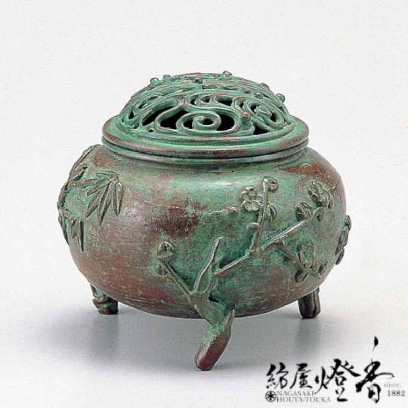 香炉/香器『高岡銅器【玉形三友文焼青銅色香炉】銅製/須賀月芳作』竹中