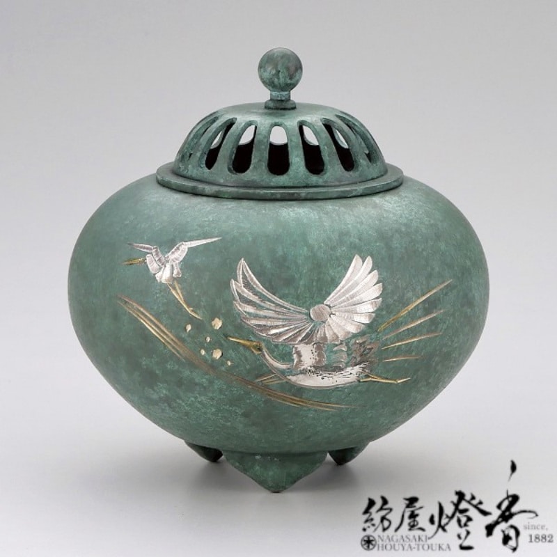 香炉/香器『高岡銅器【平丸香炉/波鶴/焼青銅色】銅製・能作吉秀作[空薫