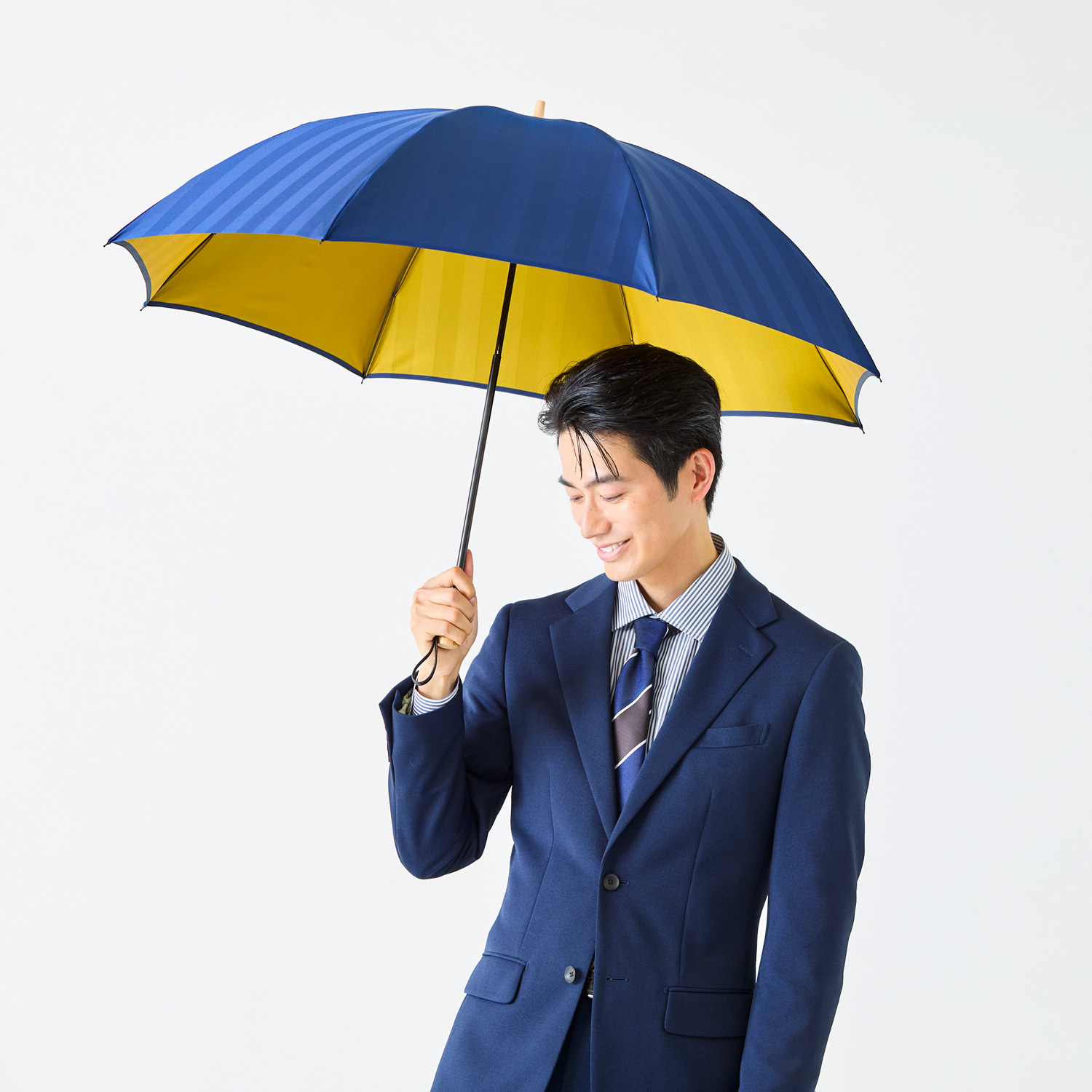 メンズ雨傘】シャドウ-折りたたみ-ネイビー×マスタード｜トンボ洋傘