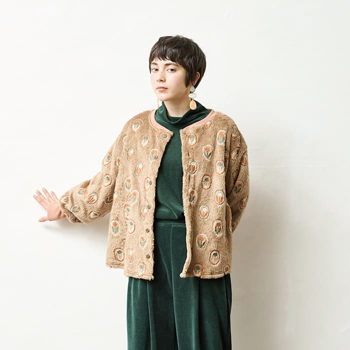 NARU(ナル) アンティークフラワー刺繍フリース ハウスジャケット