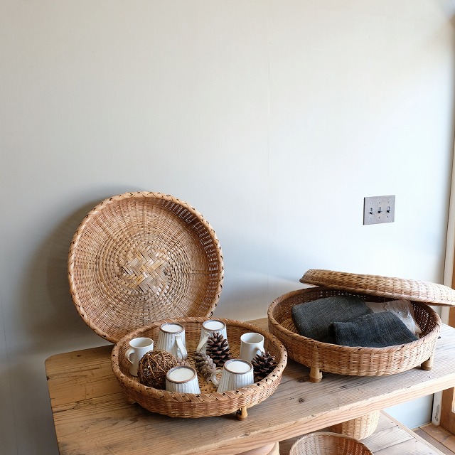 竹籠 蓋付二段重籠 竹細工 昭和レトロ 古道具 茶道具 漆器 菓子器