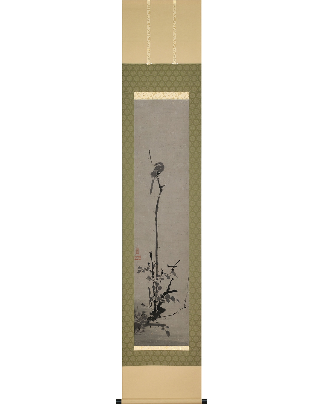 真作/田中納言/松に鳥図/絹表装/桐題箱付/布袋屋掛軸HI-716