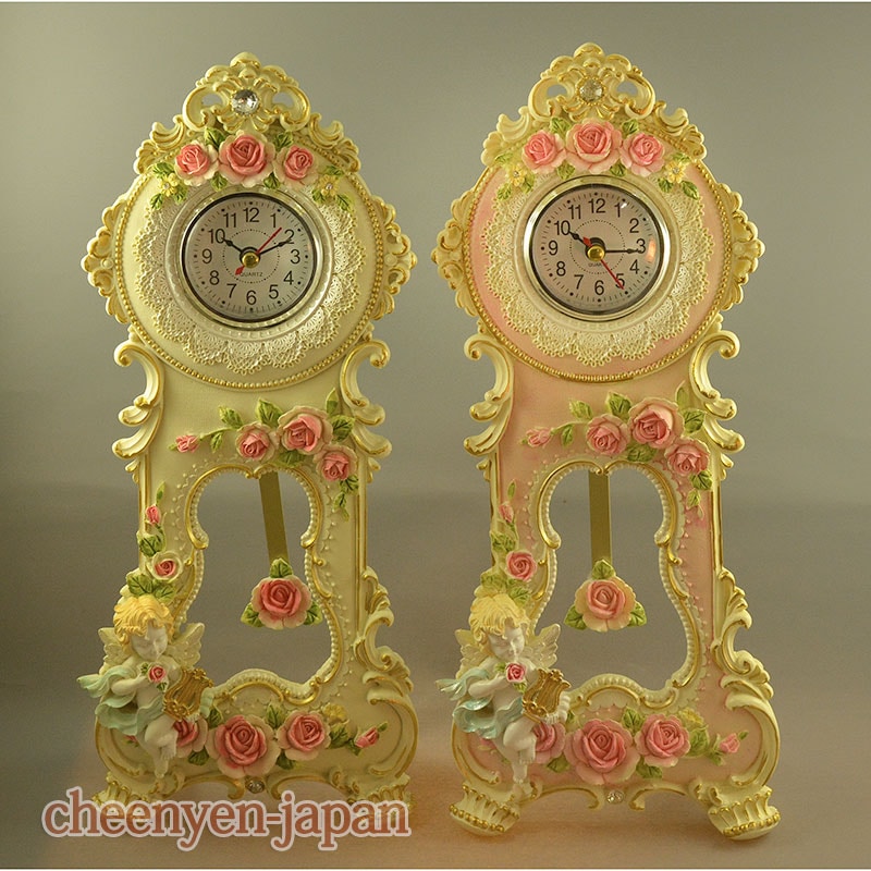ロココ調ローズ置き時計：竪琴を持ったエンゼル：2色【送料無料