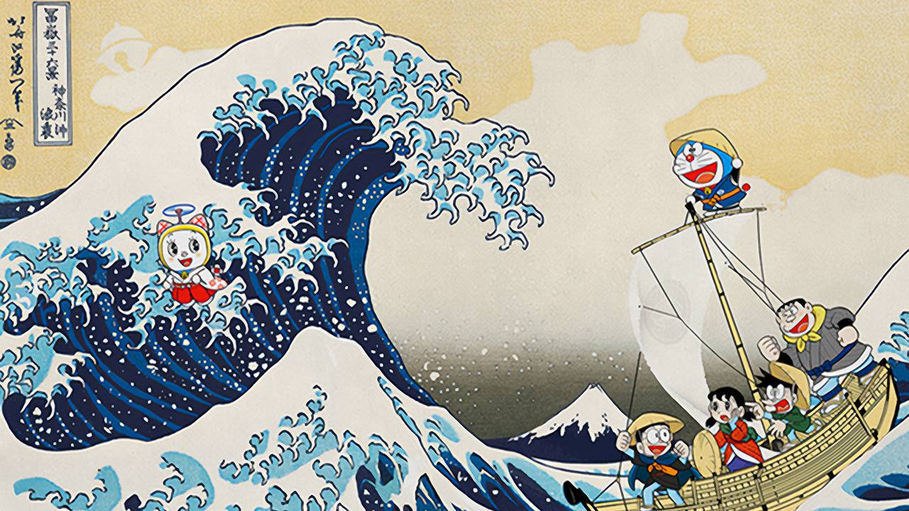 葛飾北斎『神奈川沖浪裏』が舞台になった「ドラえもん浮世絵木版画」が
