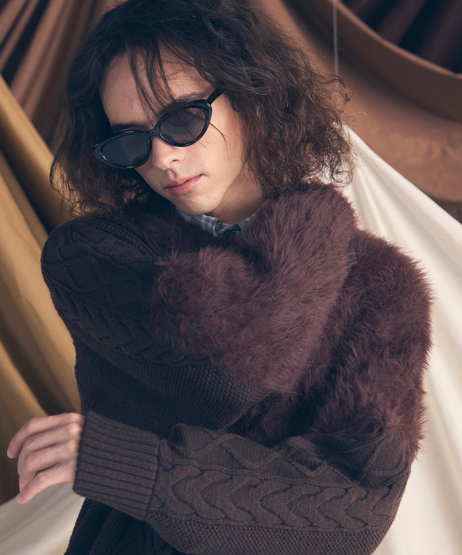 Cable Shaggy Mix Prime-Over Crew Neck Knit Pullover