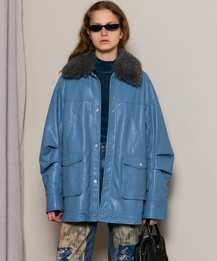 SALE】Fur Collar Vegan Leather Middle Blouson