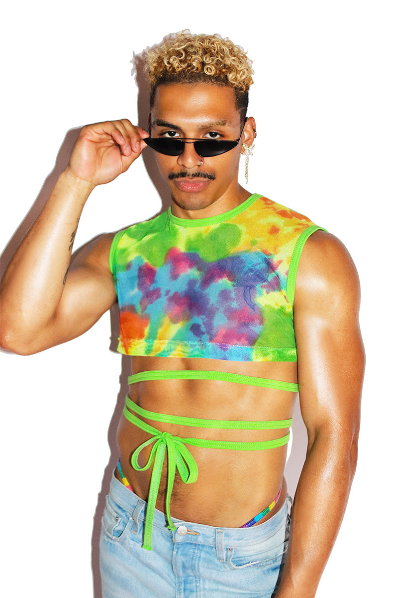 Hippie Tye Dye Mesh Crossed Tie Extreme Crop Tank- Lime – Marek+