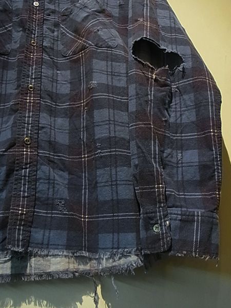UNUSED（アンユーズド） ダメージチェックフランネルシャツ ブルー