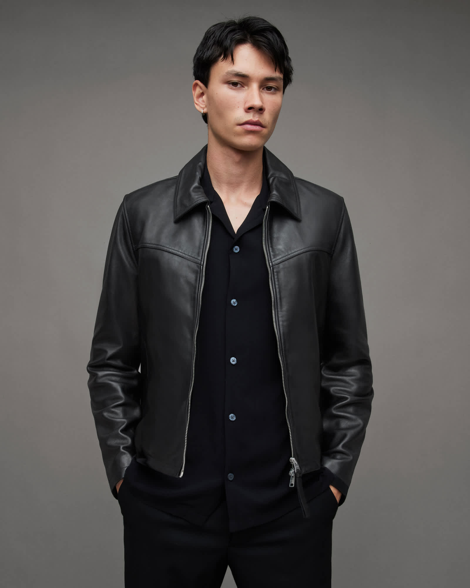 Tune Cropped Zip Up Leather Jacket Black | ALLSAINTS US