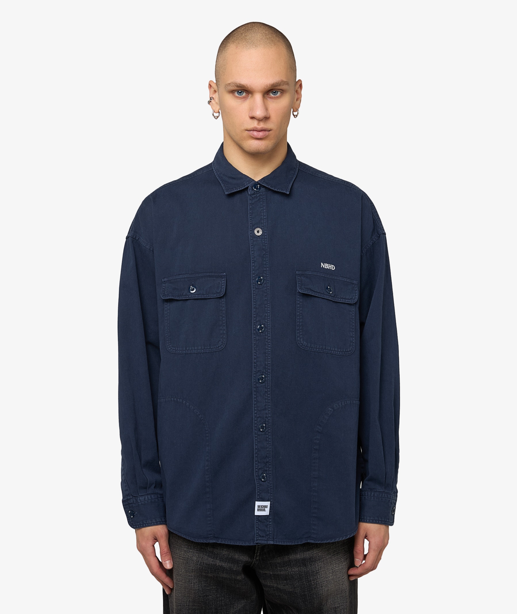 Neighborhood Garment Dyed Long Sleeve Shirt | Navy Blue | SVD USA