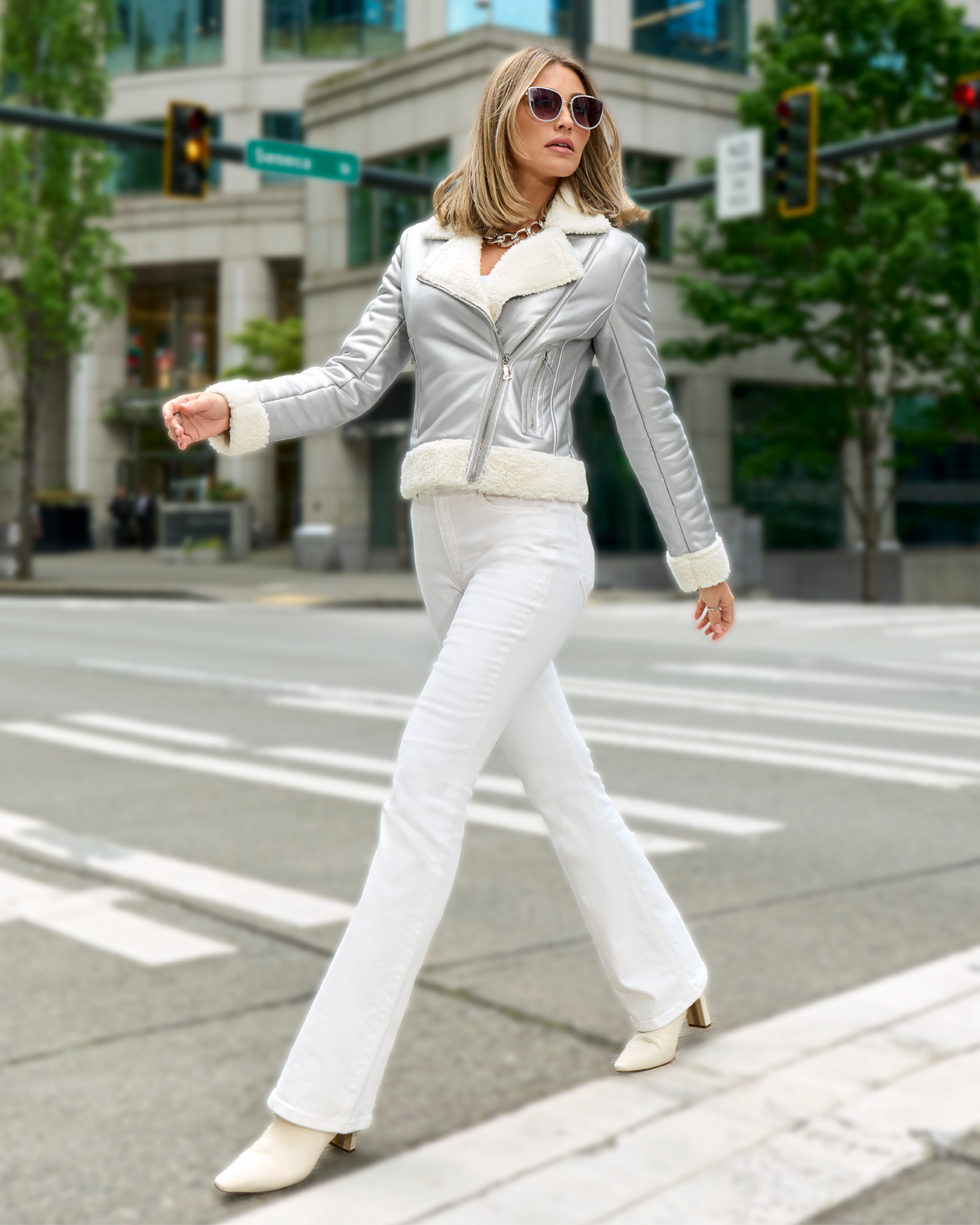 Metallic Faux Leather Sherpa Lined Moto Coat Silver | Boston Proper