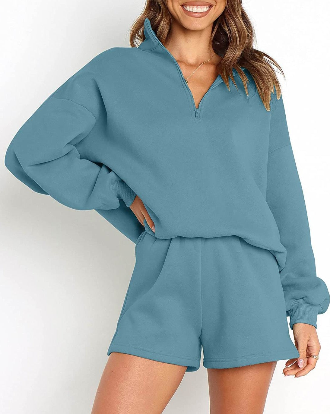 MEROKEETY Long Sleeve Zipper Sweatsuit Short Set – Merokeety