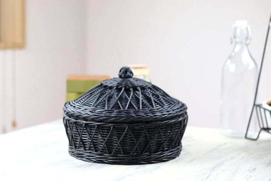 Amazon.co.jp: cerapockke 蓋付きブラック編み籠 ラウンド 26.5cm かご
