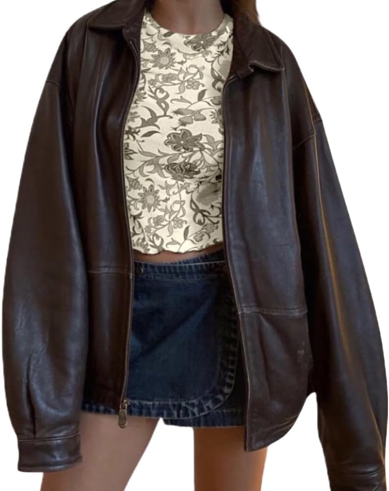 Brown Oversized 90's Y2K Leather Jacket - Birthday Gift for Her at