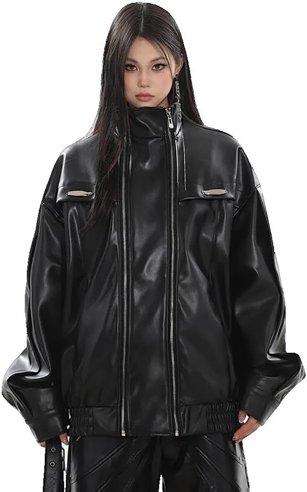 Xingfenly Women Leather Jacket Stand Collar Double Zipper Design