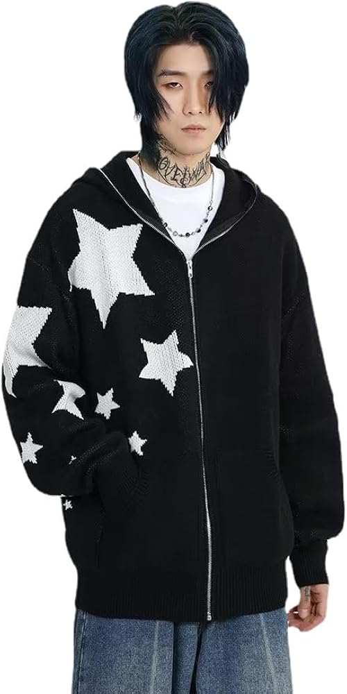 Vintage Oversized Star Graphic Print Hoodie Streetwear Zip-Up