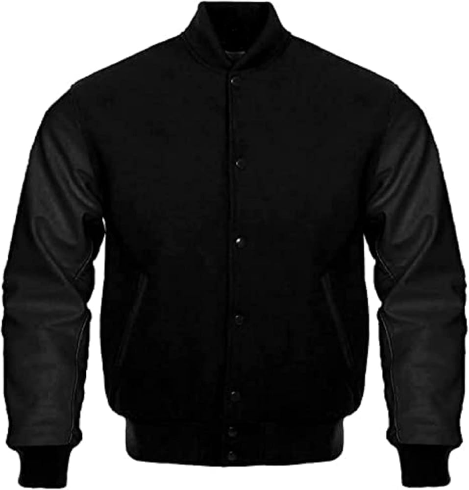 Dark Black wool Varsity jacket with Black Leather Sleeves | Black