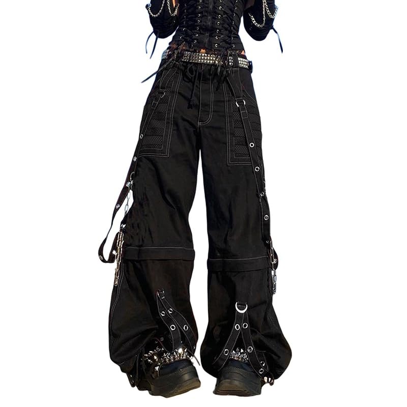 FEORJGP Womens Gothic Punk Cargo Pants High Waist Flare Pants Chic