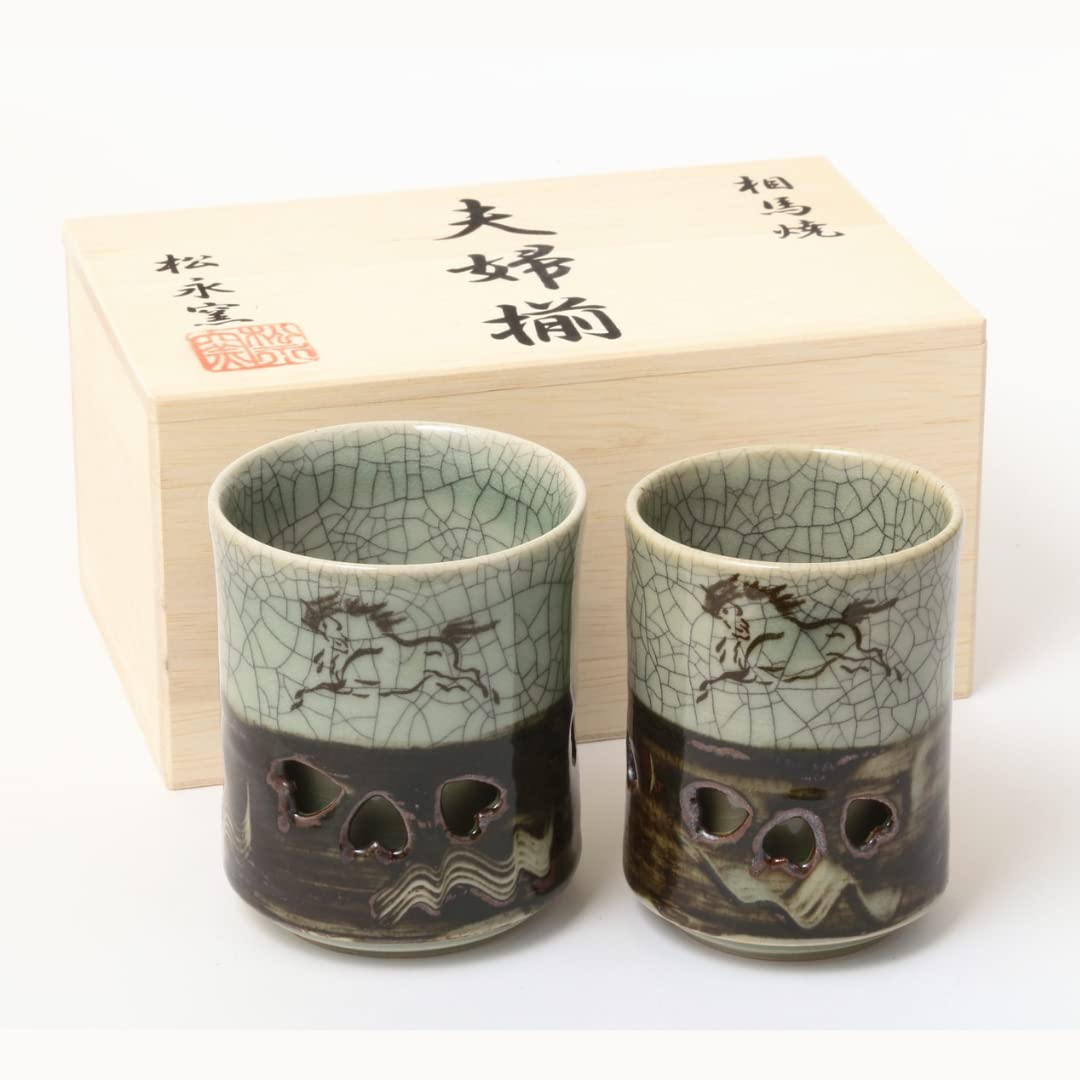 Amazon｜大堀相馬焼 松永窯 木箱入り 夫婦二重湯呑み (青ひび 2.2寸