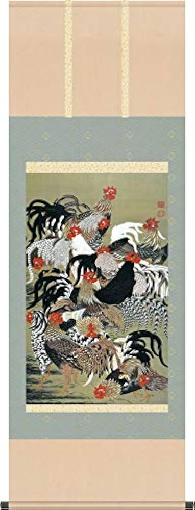 掛軸 春洋 鶏 木箱 花鳥図 親子 3-42 掛軸 春洋 鶏 木箱 花鳥